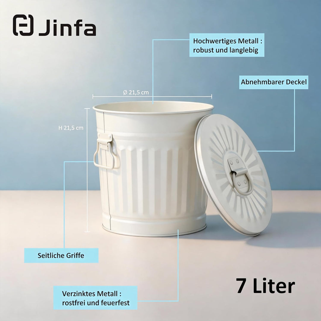 Jinfa Retrodesign kleiner Mülleimer mit deckel Ascheeimer Mülltonne | Mattweiss | Ø 21,5 cm, Höhe 21