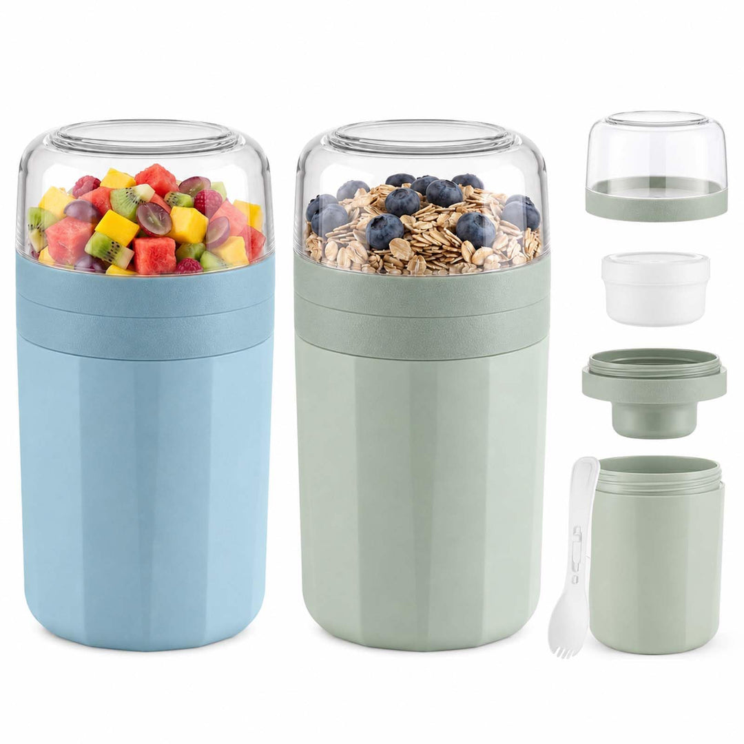 2er Set Müslibecher to Go mit Gabel-Löffel, 520ML+250ML Joghurtbecher to Go Auslaufsicher, Müsli to