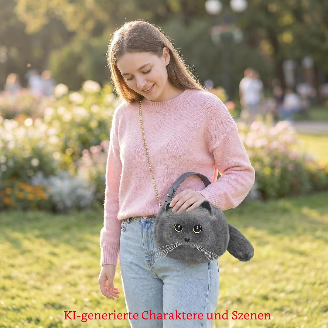 HUIJUFU Realistische Puffy-Plüsch-Katzentasche in Form Einer Umhängetasche für Frauen (Blaue Katze),