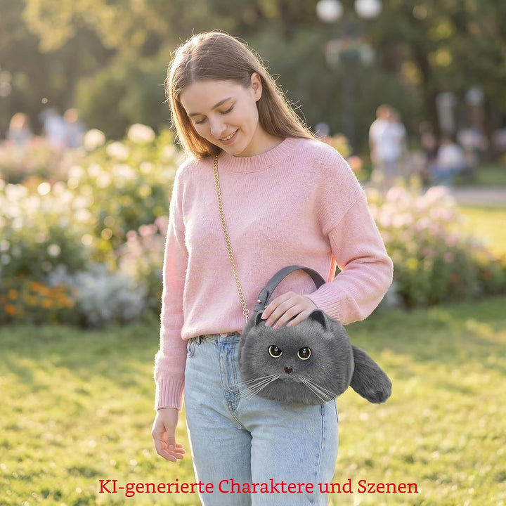 HUIJUFU Realistische Puffy-Plüsch-Katzentasche in Form Einer Umhängetasche für Frauen (Blaue Katze),