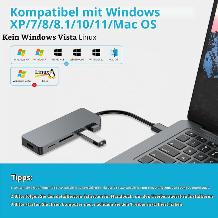 USB 3.0 A-Hub, 5-in-1 Multiport Adapter mit HDMI, 2X USB2.0, SD/TF Kartenleser, Docking Station für