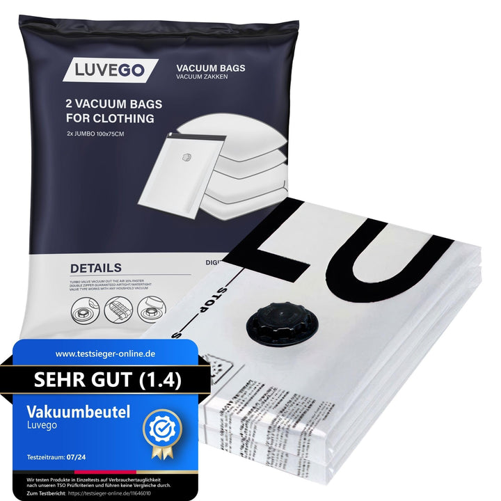 LUVEGO vakuumbeutel für kleidung 100 x 75 cm, 2 Stück Jumbo Aufbewahrungsbeutel mit Ventil, platzspa