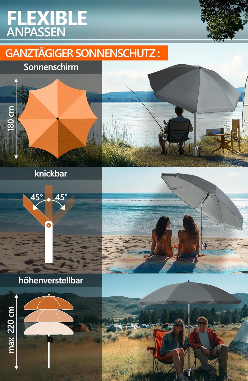 4smile Sonnenschirm Strand Ø 200 cm mit Eindrehbodenhülse, Anthrazit | Strandschirm windfest stabil