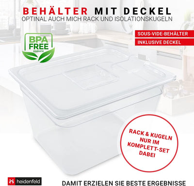 Heidenfeld SVS11 Sous Vide Garer Behälter - Extra gross 32.0 x 26.5 x 20.0 cm - Deckel - Rack - Behä