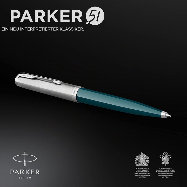 Parker 51 Kugelschreiber | Petrolblauer Schaft mit Chromfarbenen Zierteilen | Mittlere Schreibspitze