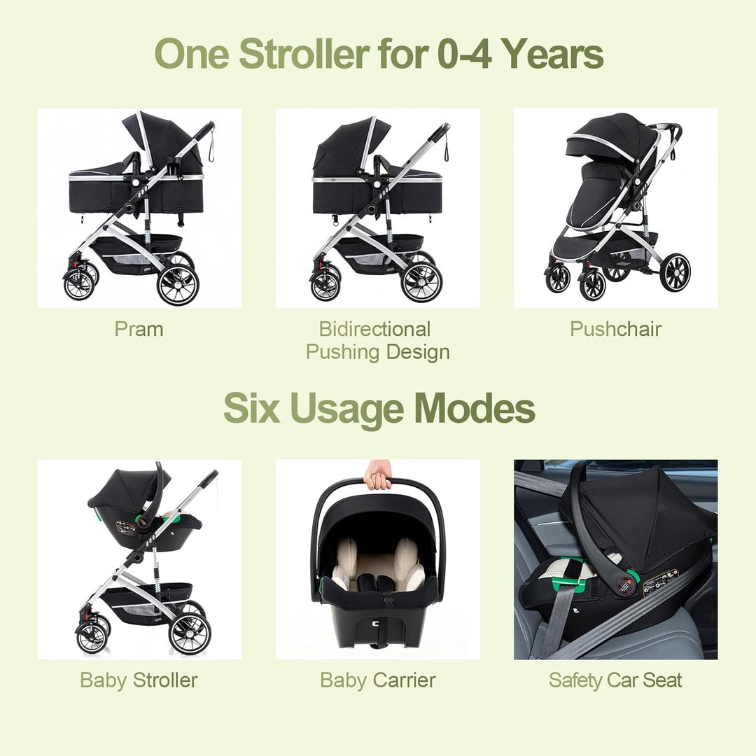 Gcarebb 3 in 1 Kinderwagen, Buggy Mit Auto Babyschale, Mit Einem Klick Zusammenklappbarer Tragbarer