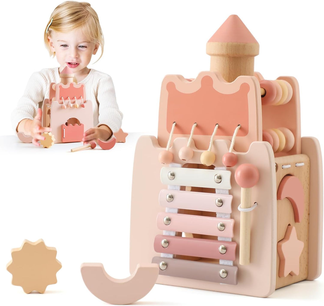 Promise Babe Montessori Spielzeug Baby Holzspielzeug,5 in 1 Rosa Schloss Lernspielzeug Motorikwürfel