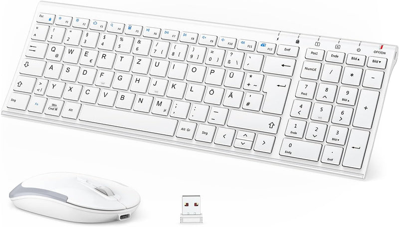 2.4G Maus Set kabellos, iclever Aluminium Wireless Slim Tastatur QWERTZ Layout (Deutsch), für Comput