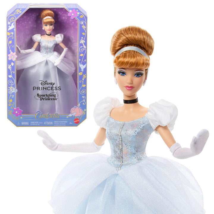 Mattel Disney Princess Glitzerprinzessin Cinderella Modepuppe mit Zubehörteilen, mit abnehmbarem Kle