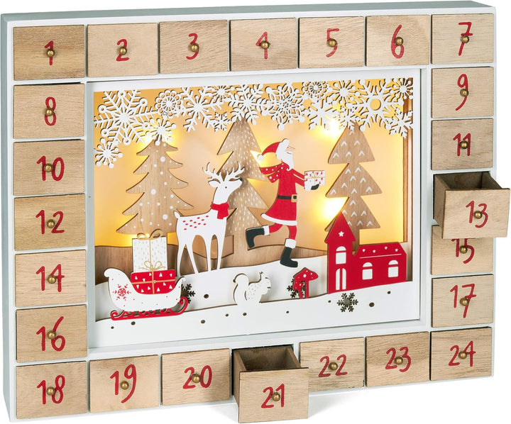 BRUBAKER Adventskalender aus Holz zum Befüllen - Weihnachtsmann im Wald mit LED-Beleuchtung - Wieder