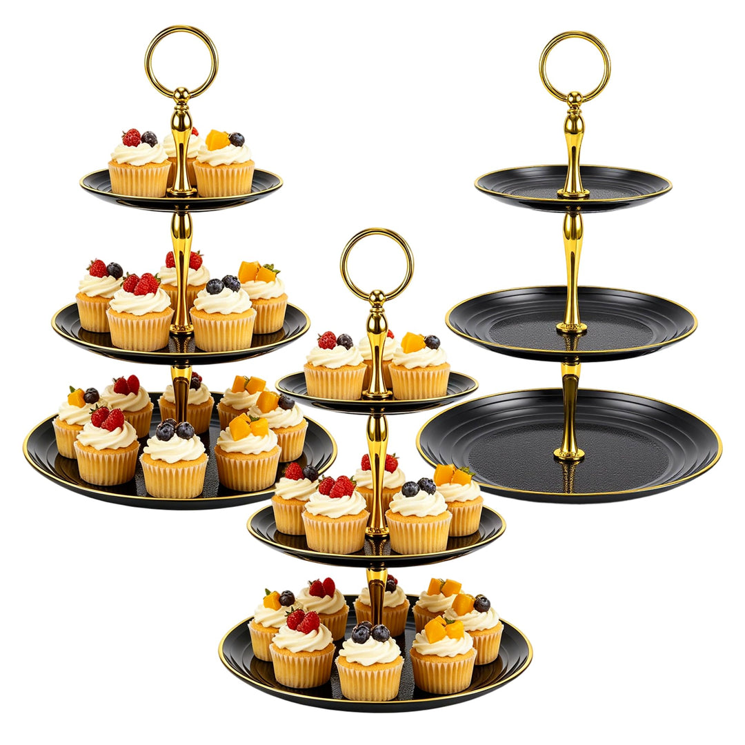 3 Stück 3-stöckiger Cupcake Ständer, Rund Etagere 3 Etagen Kuchenständer Schwarz aus Kunststoff, Des