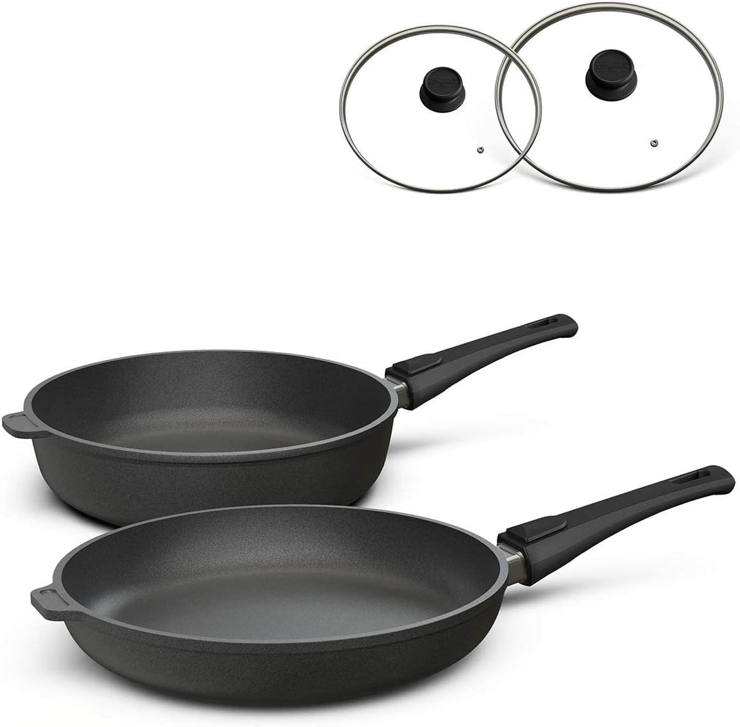Hoffmann Aluguss Pfannenset mit Glasdeckel und abnehmbaren Griff, 4-teilig I Für alle Herdarten auch