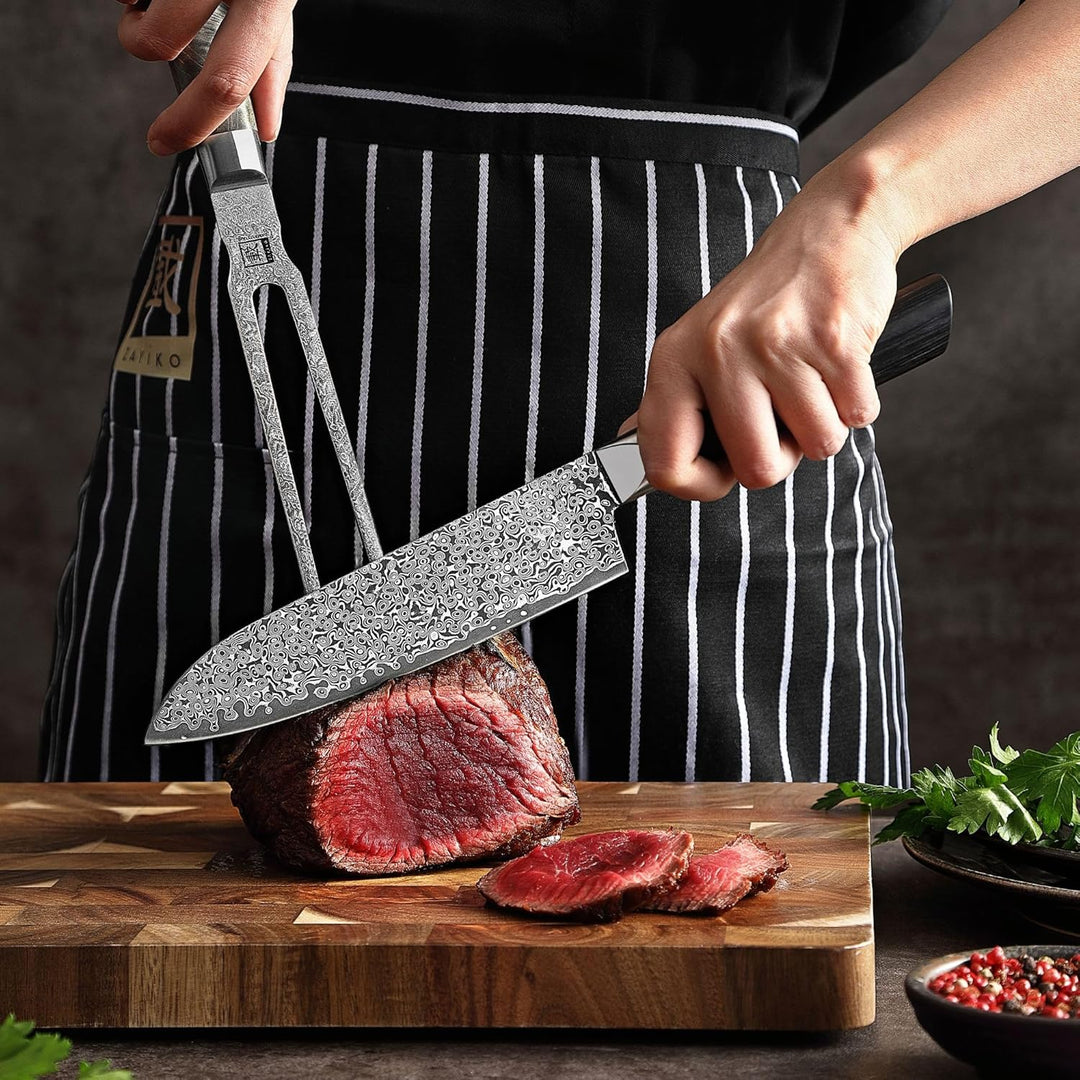 zayiko Professional Series Damast Fleischgabel 18 cm Klinge gefertigt aus 67 Lagen Damaststahl I Tra