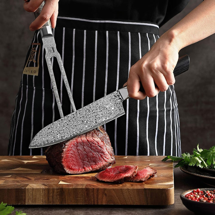 zayiko Professional Series Damast Fleischgabel 18 cm Klinge gefertigt aus 67 Lagen Damaststahl I Tra