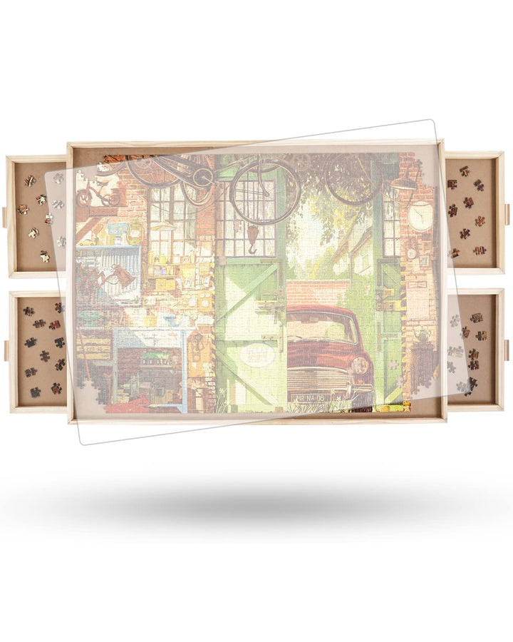1500 Stück Drehbares Puzzlebrett mit Schubladen und Abdeckung, 64 x 87 cm Tragbarer Holz-Puzzletisch