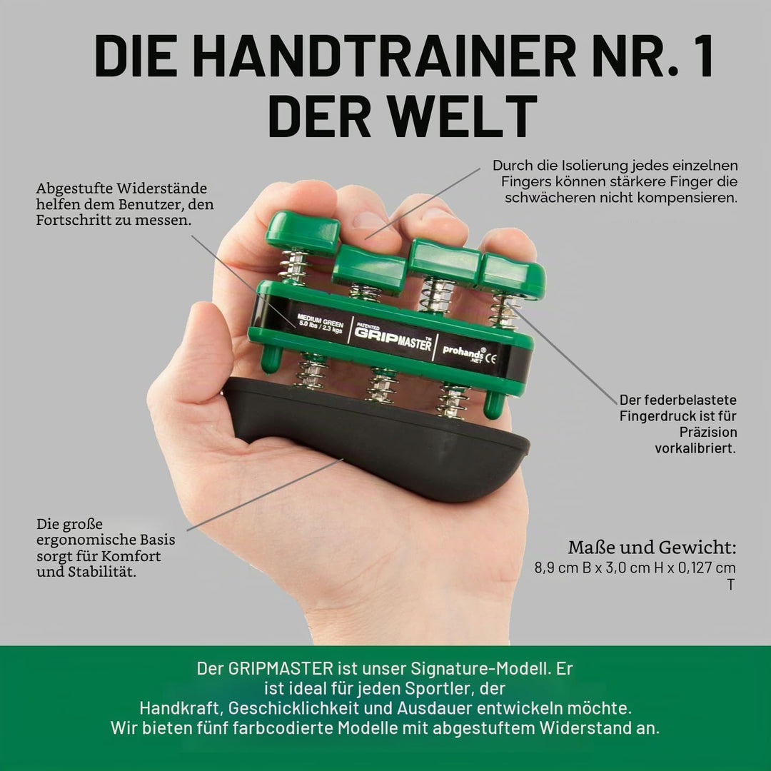 PROHANDS Gripmaster Handtrainer, Fingertrainer (Handgriffstärker), federbelastet, Finger-Kolben-Syst