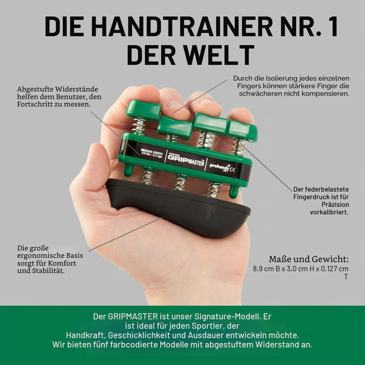 PROHANDS Gripmaster Handtrainer, Fingertrainer (Handgriffstärker), federbelastet, Finger-Kolben-Syst