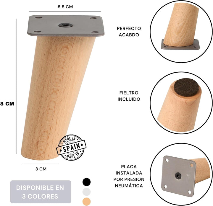 Möbelfüsse aus Buchenholz, konische Füsse mit Neigung und Montageplatte bereits montiert, 8 cm hoch