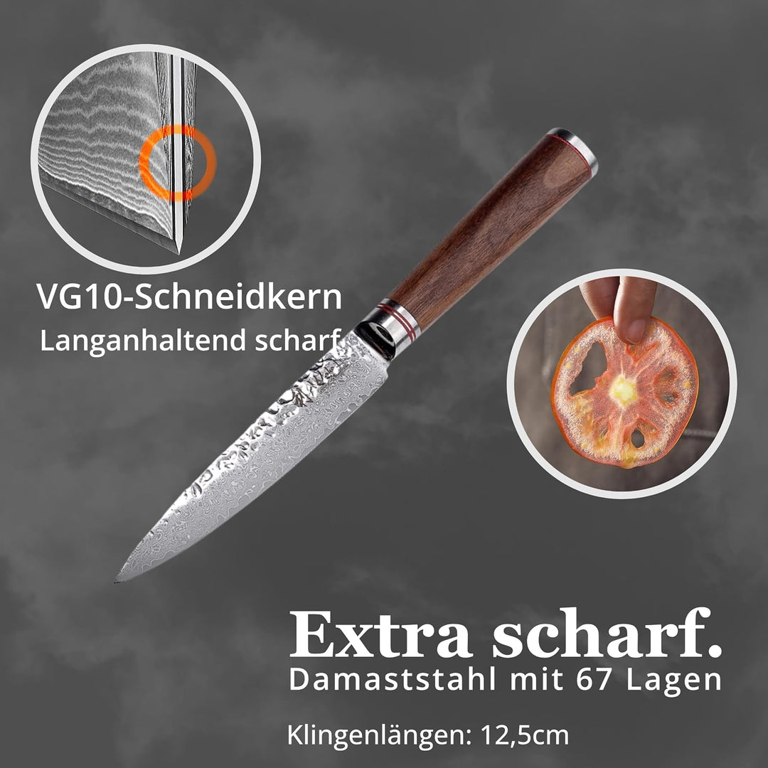 Wakoli Nussbaum Allzweckmesser mit 12,5 cm Klinge aus 67 Lagen Damaststahl mit VG10-Kern, Hammerschl