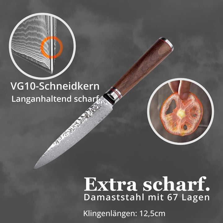 Wakoli Nussbaum Allzweckmesser mit 12,5 cm Klinge aus 67 Lagen Damaststahl mit VG10-Kern, Hammerschl
