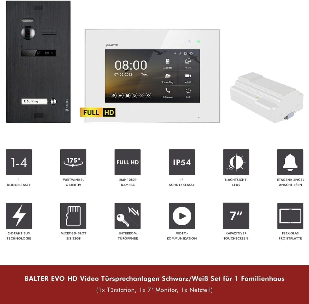 Nonic Balter EVO HD Schwarz/Weiss Video Türsprechanlage Set für 1 Familienhaus (1x Türstation mit Fu
