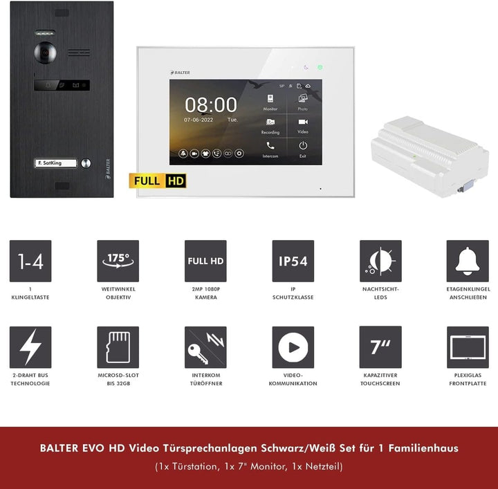 Nonic Balter EVO HD Schwarz/Weiss Video Türsprechanlage Set für 1 Familienhaus (1x Türstation mit Fu