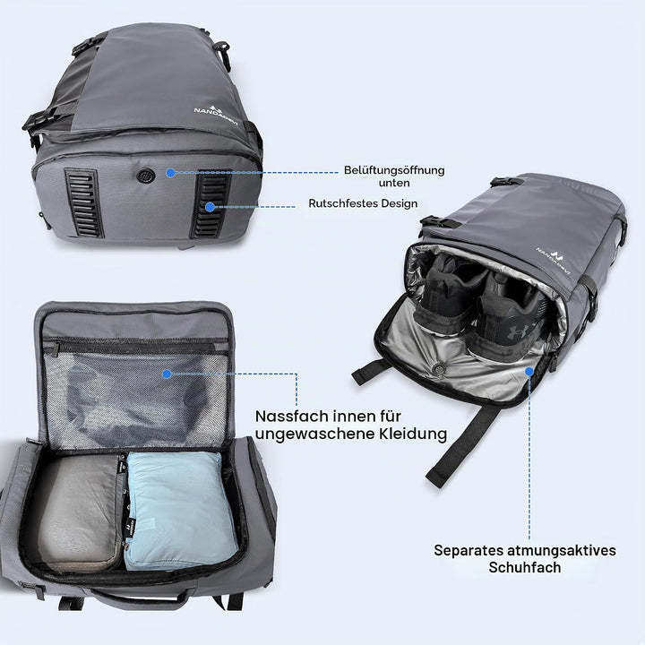 NANDADEVI Rucksack Herren, 40l, grosser, robuster, wasserabweisender Wanderrucksack mit Trocken- und