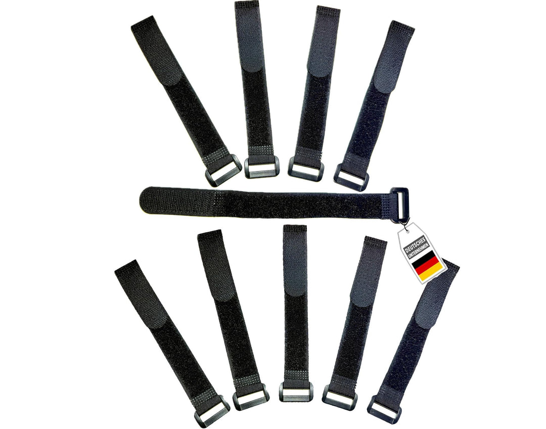 10x Klett Kabelbinder 60 cm - schwarz mit Schnalle - wiederverschliessbares Klettband 60cm mit Öse -