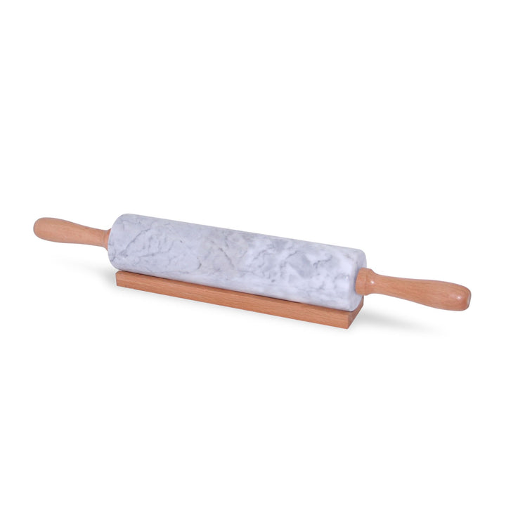 Küchenprofi Teigrolle aus Marmor, Ø 6cm, L 47 cm, Teigroller mit Holz Ablage und Griffen, Marmor Nud