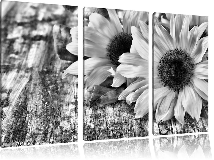 Pixxprint Sonnenblumen auf Holztisch als Leinwandbild/Grösse: 3 Teilig (120x80) cm/Wandbild/Kunstdru