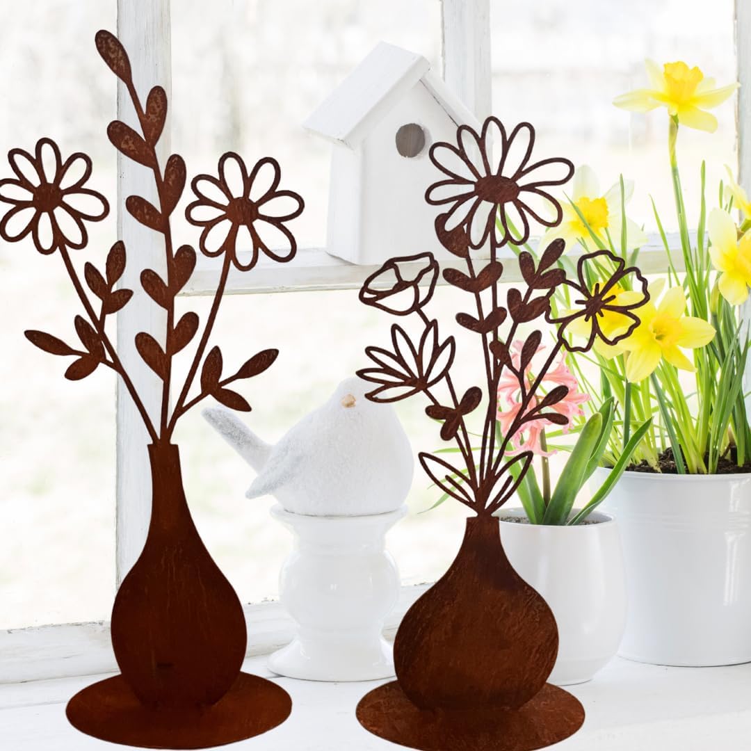 Terma Stahldesign Rost Figur Set Blumenstrauss in Vase 50cm Gartendeko für draussen und drinnen Gart