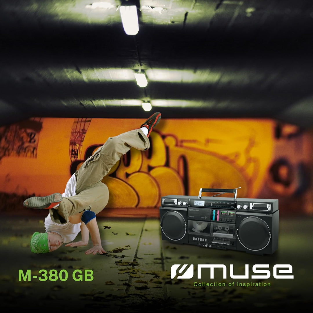 MUSE Bluetooth Retro Boombox mit Radio, CD, Kassettenrekorder, 80W Ausgangsleistung, USB, Aux, Micro