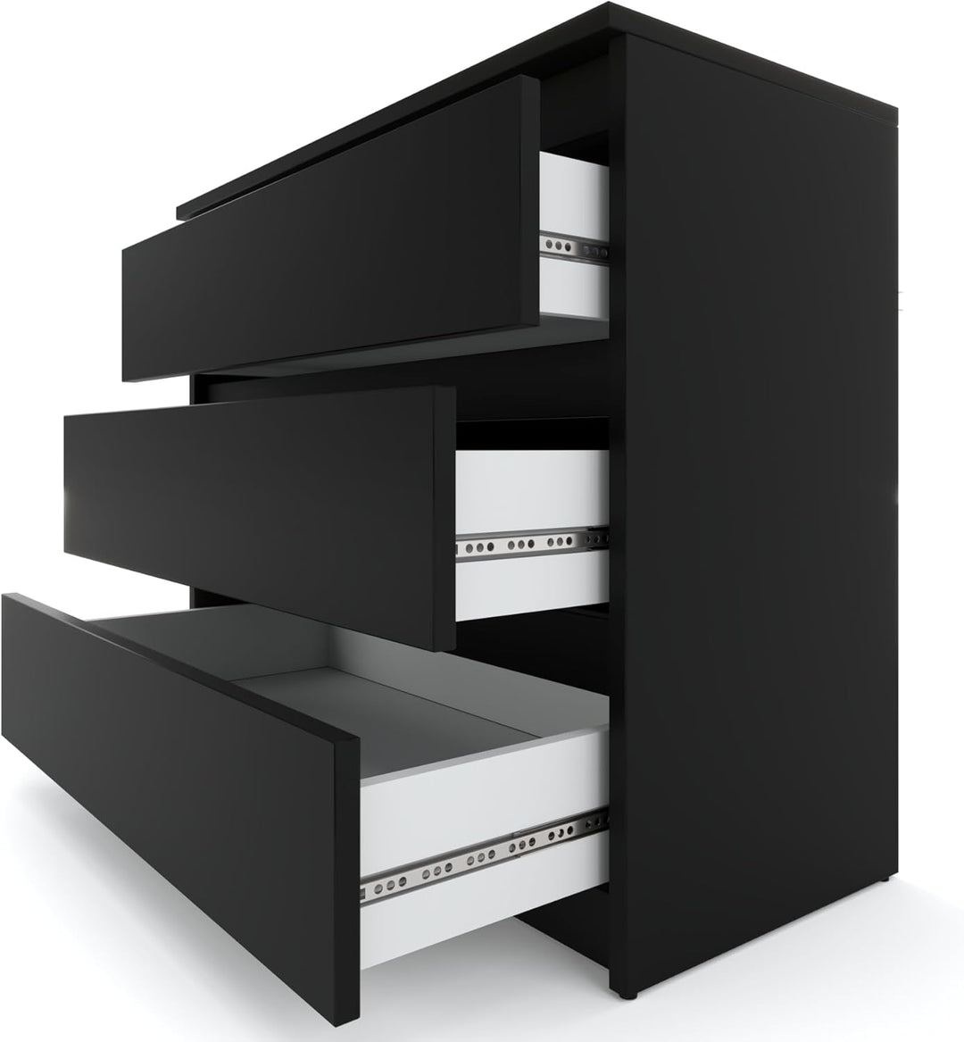 Kommode mit 3 Schubladen – Schmale Schlafzimmer Kommode, Modernes Sideboard Holz - Schwarz Matt – 80