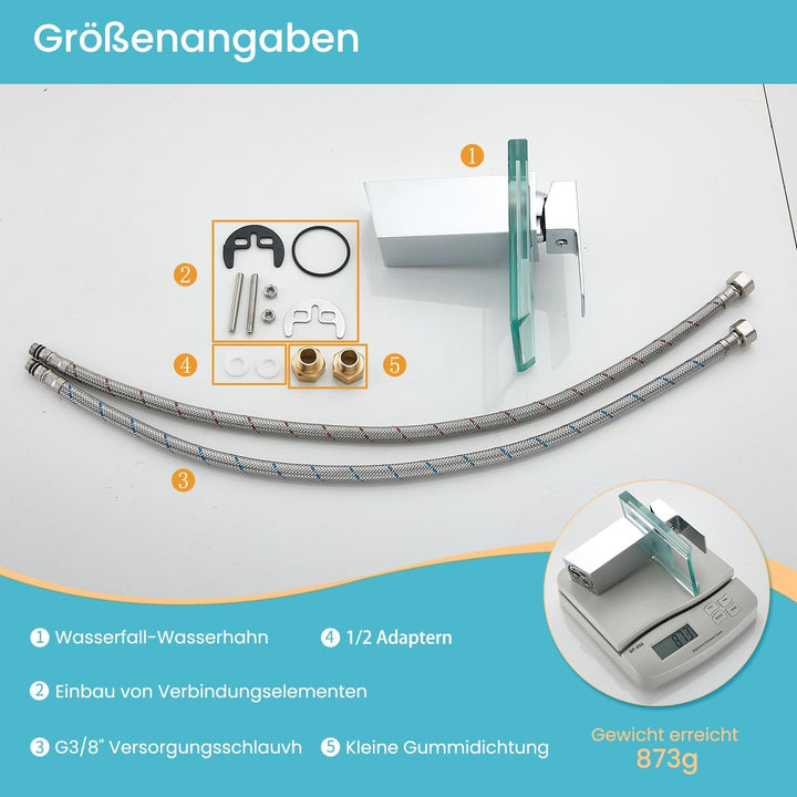 Wasserhahn Bad,Wasserfall Armatur Badezimmer Glas,Einhand-Waschtischarmatur,Chrome, Chrome