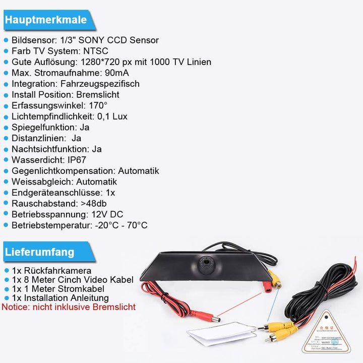 Auto Dritte Bremsleuchte Kamera HD 18mm Objektivstiel Bremslicht Rückfahrkamera Wasserdicht Einparkh