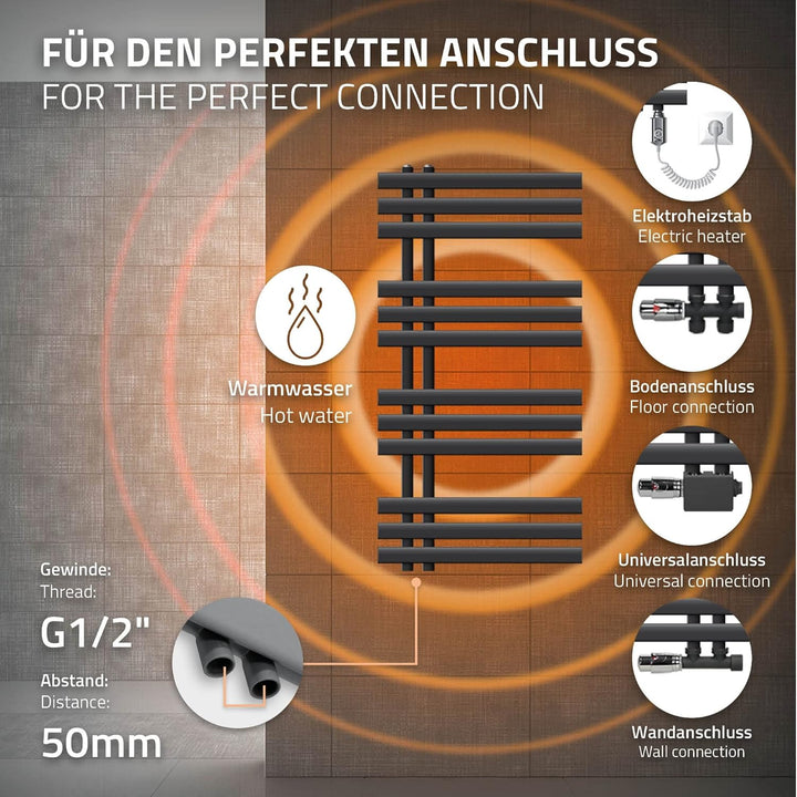 ECD Germany Iron EM Design Badheizkörper Elektrisch 500 x 1000 mm Anthrazit mit Heizstab 300W Grosse