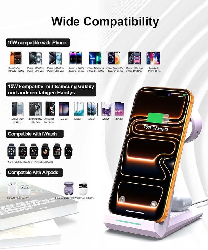 3 in 1 Induktive Ladestation Apple Watch und iPhone, Kabelloses Ladegerät für iPhone 17/16/15/14/13/