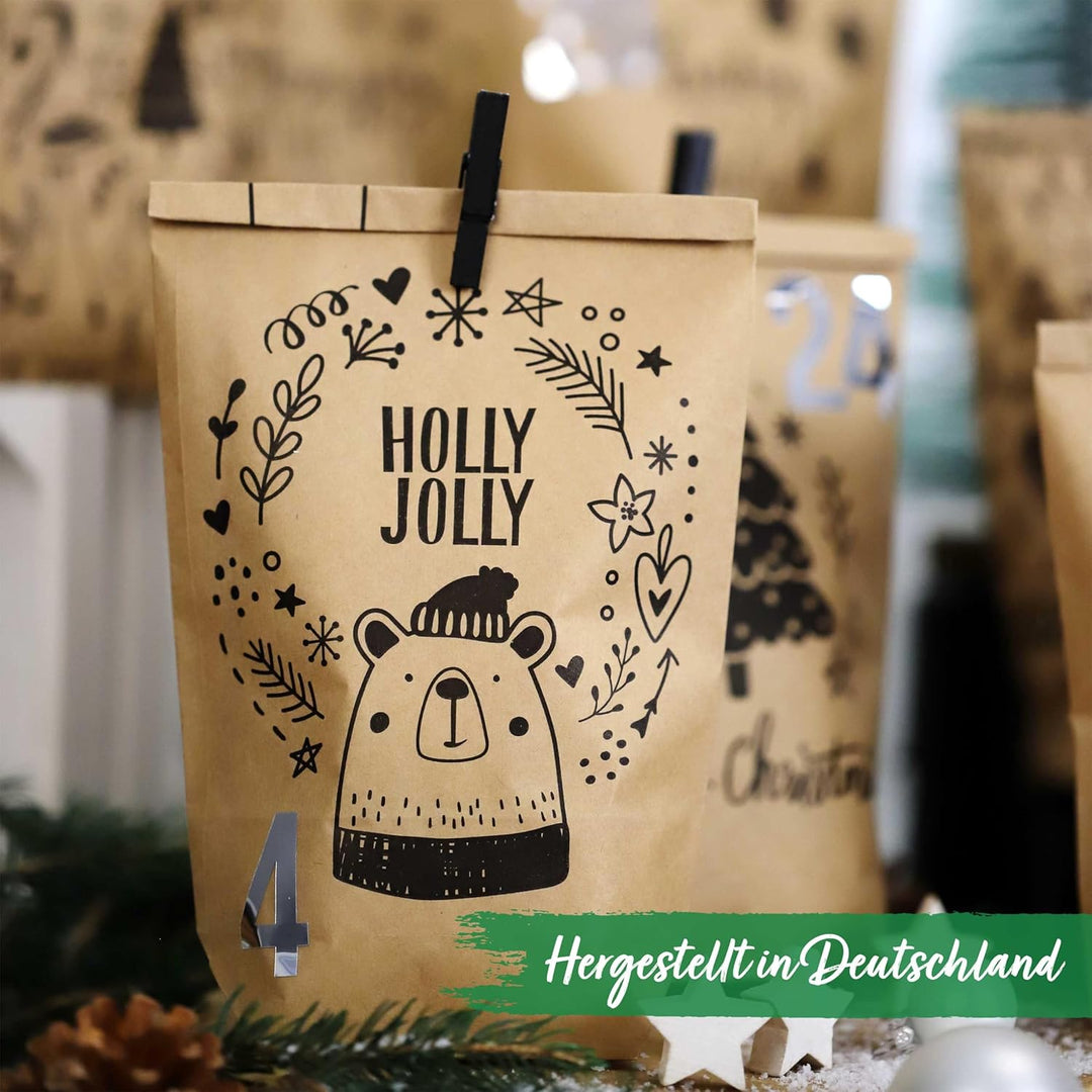 Papierdrachen Adventskalender 2025 zum Befüllen - 24 braune Geschenktüten mit Zahlenaufklebern - Kin