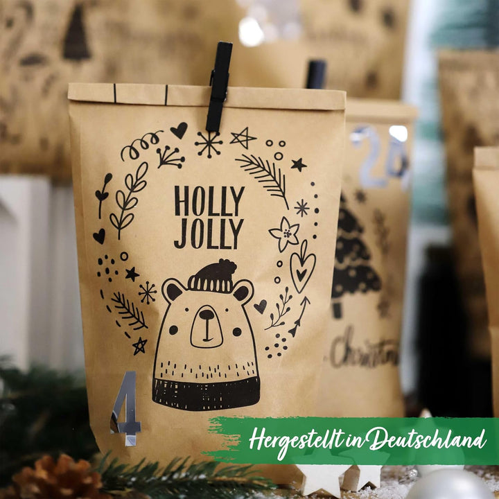 Papierdrachen Adventskalender 2025 zum Befüllen - 24 braune Geschenktüten mit Zahlenaufklebern - Kin
