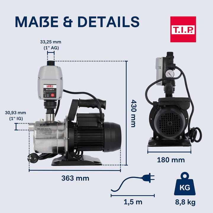 T.I.P. Hauswasserautomat Edelstahl (4.250 l/h Fördermenge, 44 m Förderhöhe, 4,4 bar Druck, 900 W, El