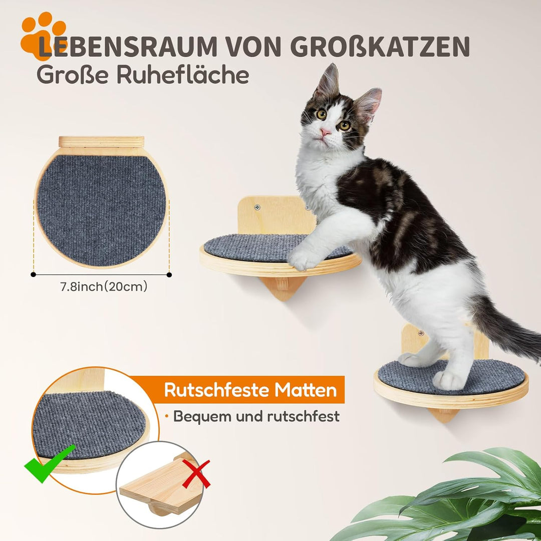 XL Premium Kletterwand Katzen aus Birkenholz | 3er-Set Katzentreppen mit Kratzflächen | Wandmontage