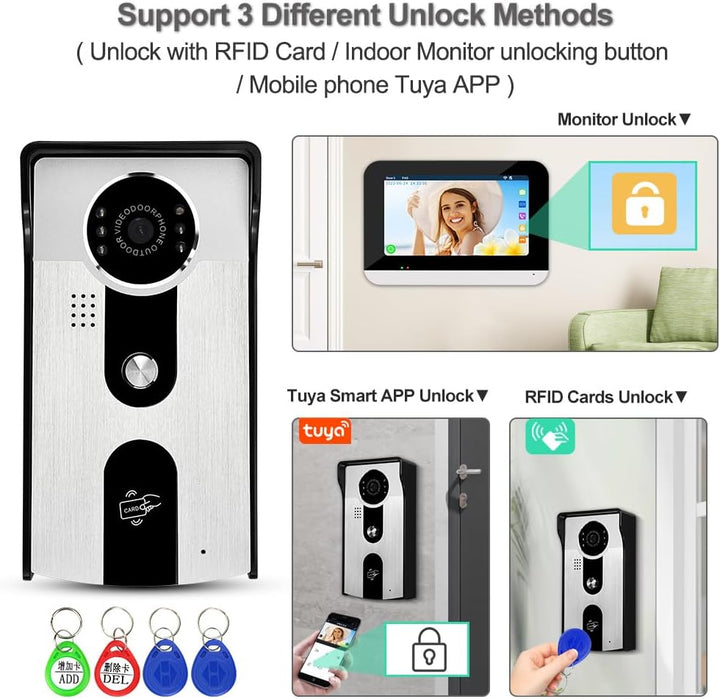WLAN Tuya Home Video Türklingel Intercom-System 7 Zoll Farb Touchscreen Innenmonitor, 1080P Digits H