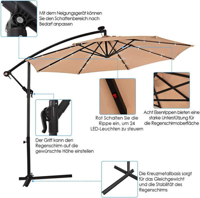 RELAX4LIFE Sonnenschirm Ø300cm, Ampelschirm Solar LED Beleuchtung, Gartenschirm mit Kreuzbasis, eins