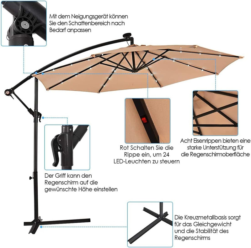 RELAX4LIFE Sonnenschirm Ø300cm, Ampelschirm Solar LED Beleuchtung, Gartenschirm mit Kreuzbasis, eins