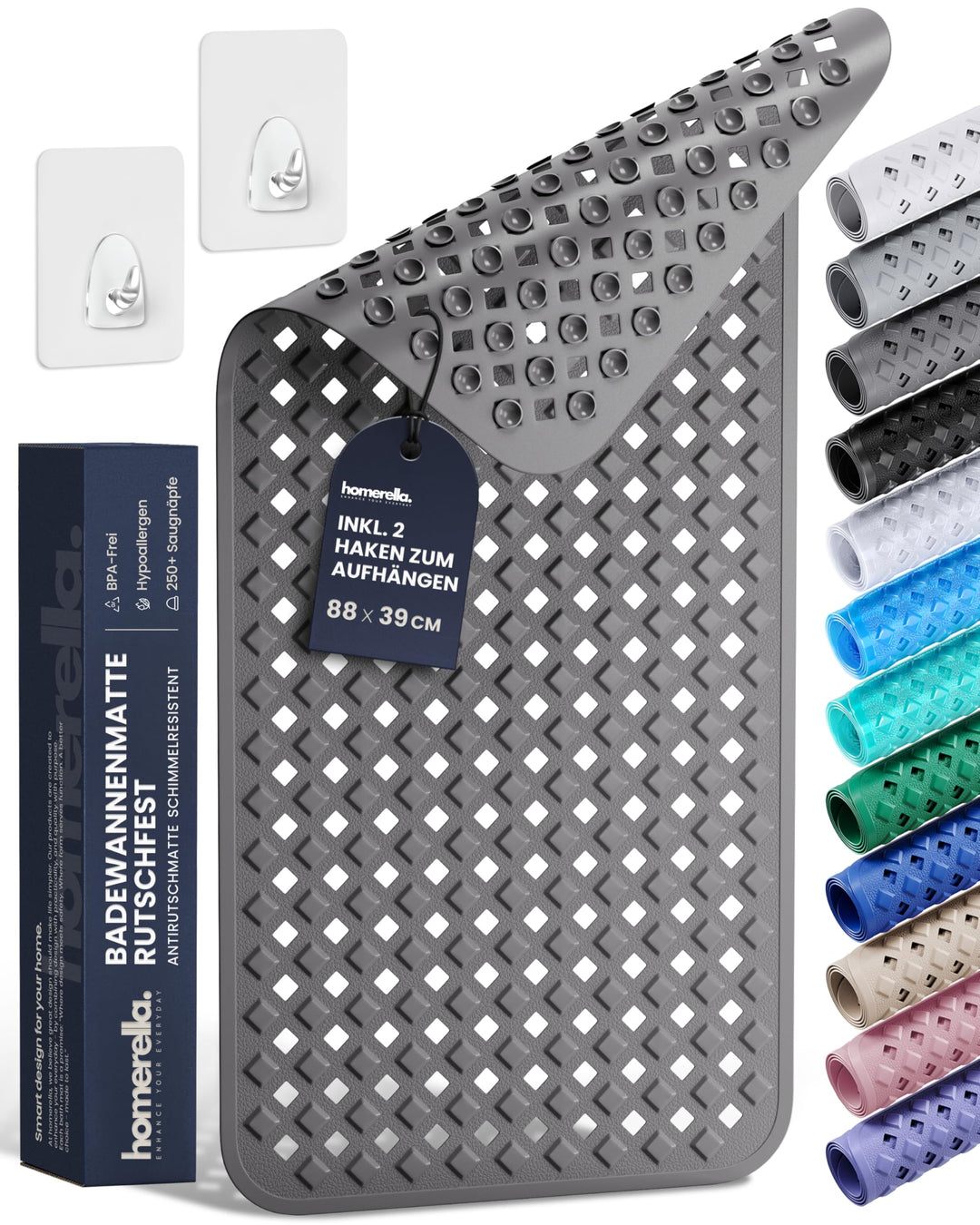 homerella® Badewannenmatte rutschfest 88x39cm, INKL. HAKEN, Rutschfeste Badematte BPA frei, Duschmat