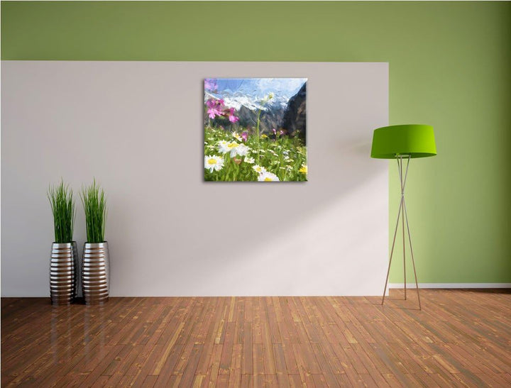Schöne weite Blumenwiese, Format: 70x70 auf Leinwand, XXL riesige Bilder fertig gerahmt mit Keilrahm