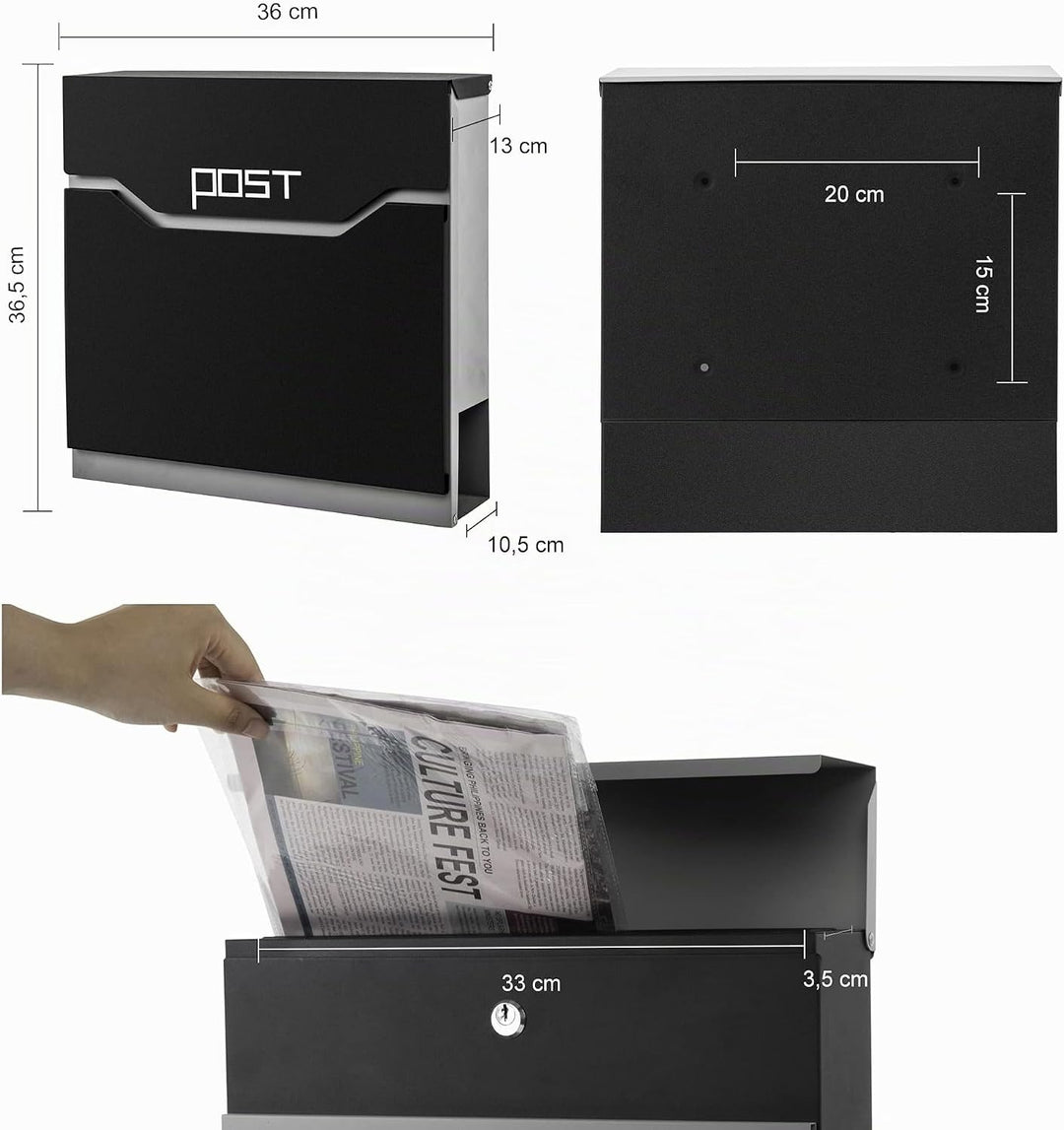 Arebos moderner Design Briefkasten | Wandbriefkasten | Postkasten | inkl. Zeitungsfach | wetterfest