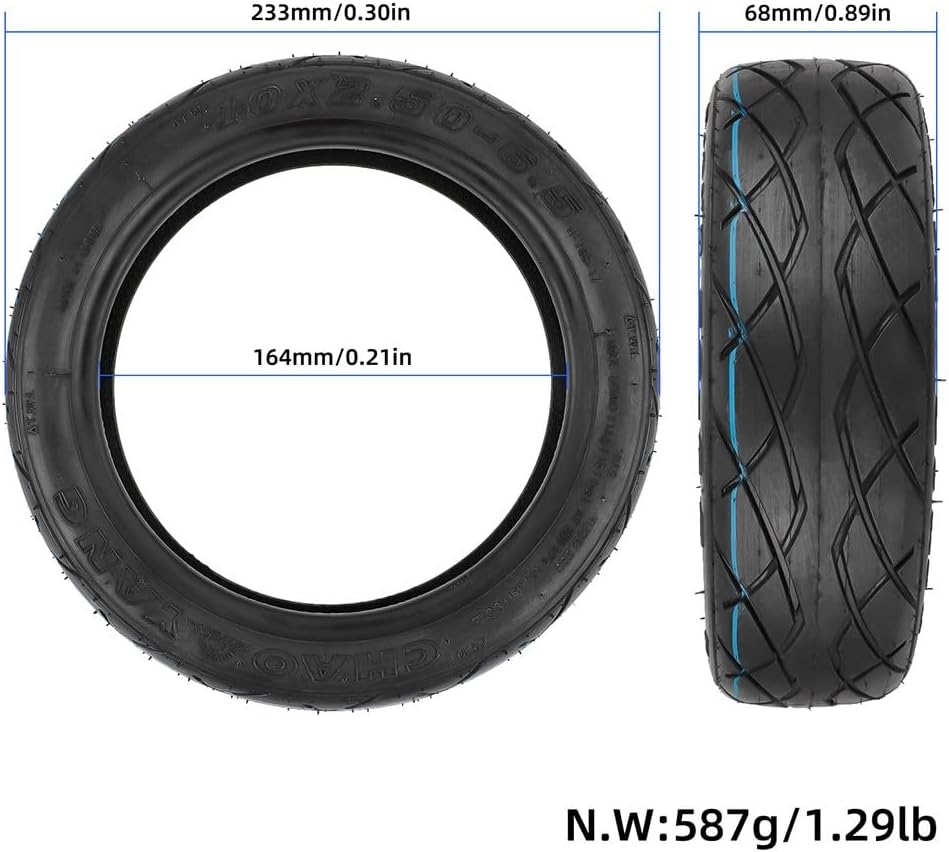 Elektroroller-Reifen, 10 Zoll schwarzer Gummi 10x2.50-6.5 Tubeless Reifen Kit, geeignet für 60/70-6.