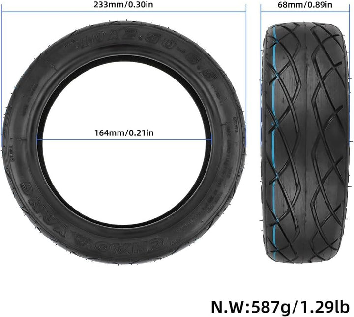 Elektroroller-Reifen, 10 Zoll schwarzer Gummi 10x2.50-6.5 Tubeless Reifen Kit, geeignet für 60/70-6.