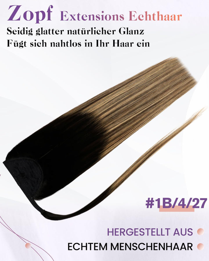 LaaVoo Zopf Extensions Echthaar Balayage Schwarz Extensions Pferdeschwanz Haarteil Echthaar Schwarz